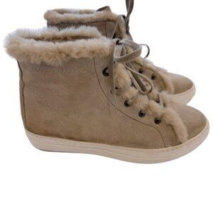 Theory Women’s High Top Suede Sneaker Size 38 EU 8 US Tan Fur Accent Lace Up